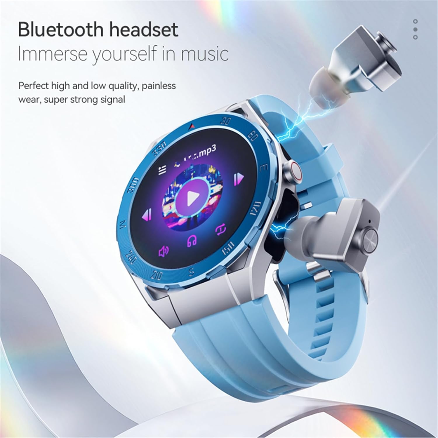 F33 Smart Watch with Earbuds 3 in 1 MP3 Bluetooth Headset 1.43 Inch Smartwatch Built-In Wireless Earbuds Speaker round Fitness Tracker Body Health Monitor 512MB Memory Local Music Player (Light Blue)