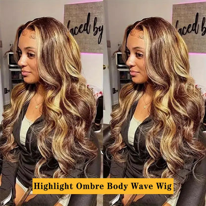 Highlight Ombre Lace Front Wig Human Hair Pre Plucked Body Wave 4/27 Colored Honey Blonde Wigs 13X4 HD Lace Frontal Wigs Human Hair 180 Density Glueless Wigs Human Hair for Women 22 Inch