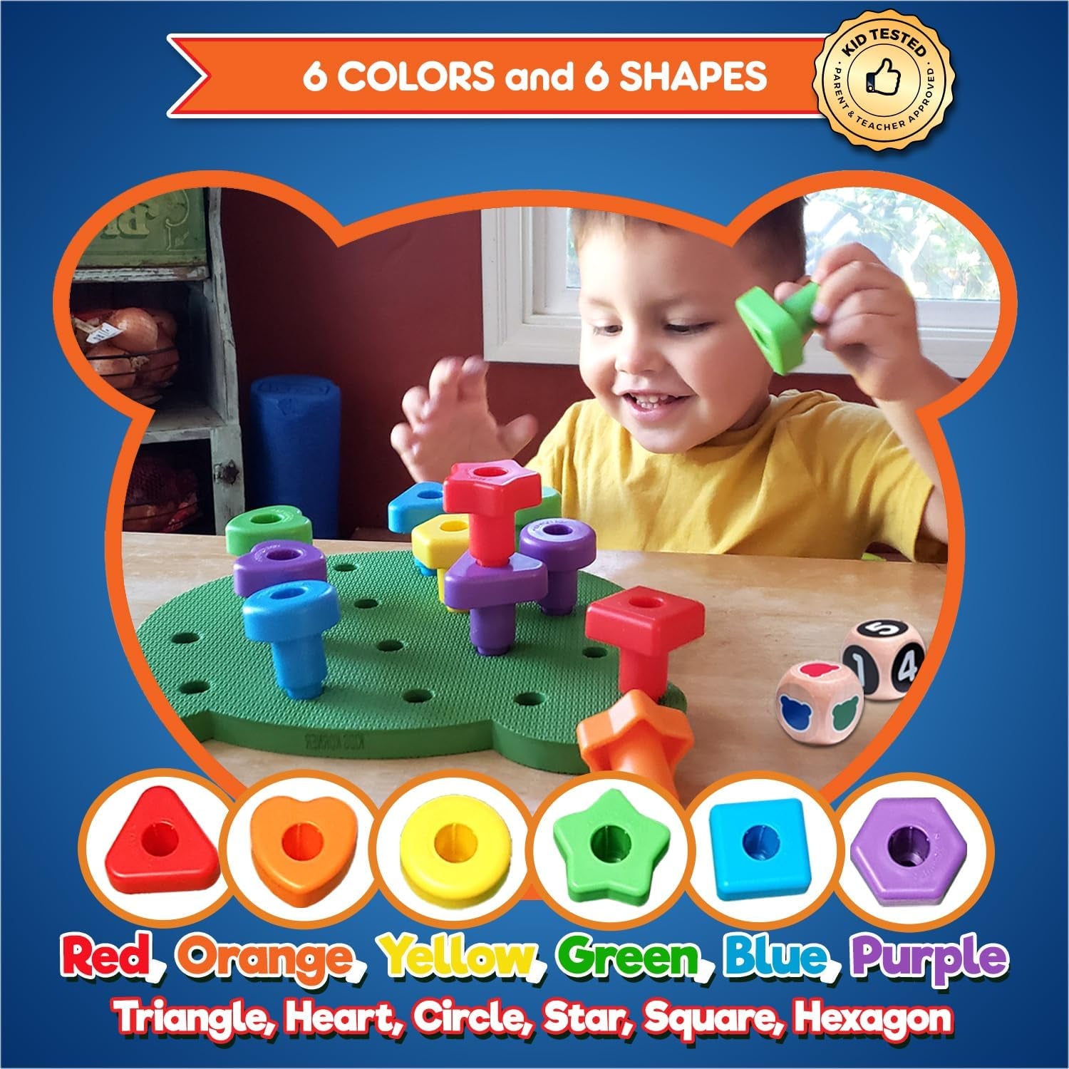 Jumbo Stacking Shapes Pegboard Set for Kids with 18 Pegs, 2 Wooden Dice, Lacing String & Storage Box (Standard Rainbow Colors)