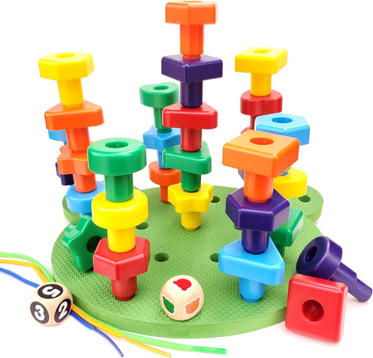 Jumbo Stacking Shapes Pegboard Set for Kids with 18 Pegs, 2 Wooden Dice, Lacing String & Storage Box (Standard Rainbow Colors)
