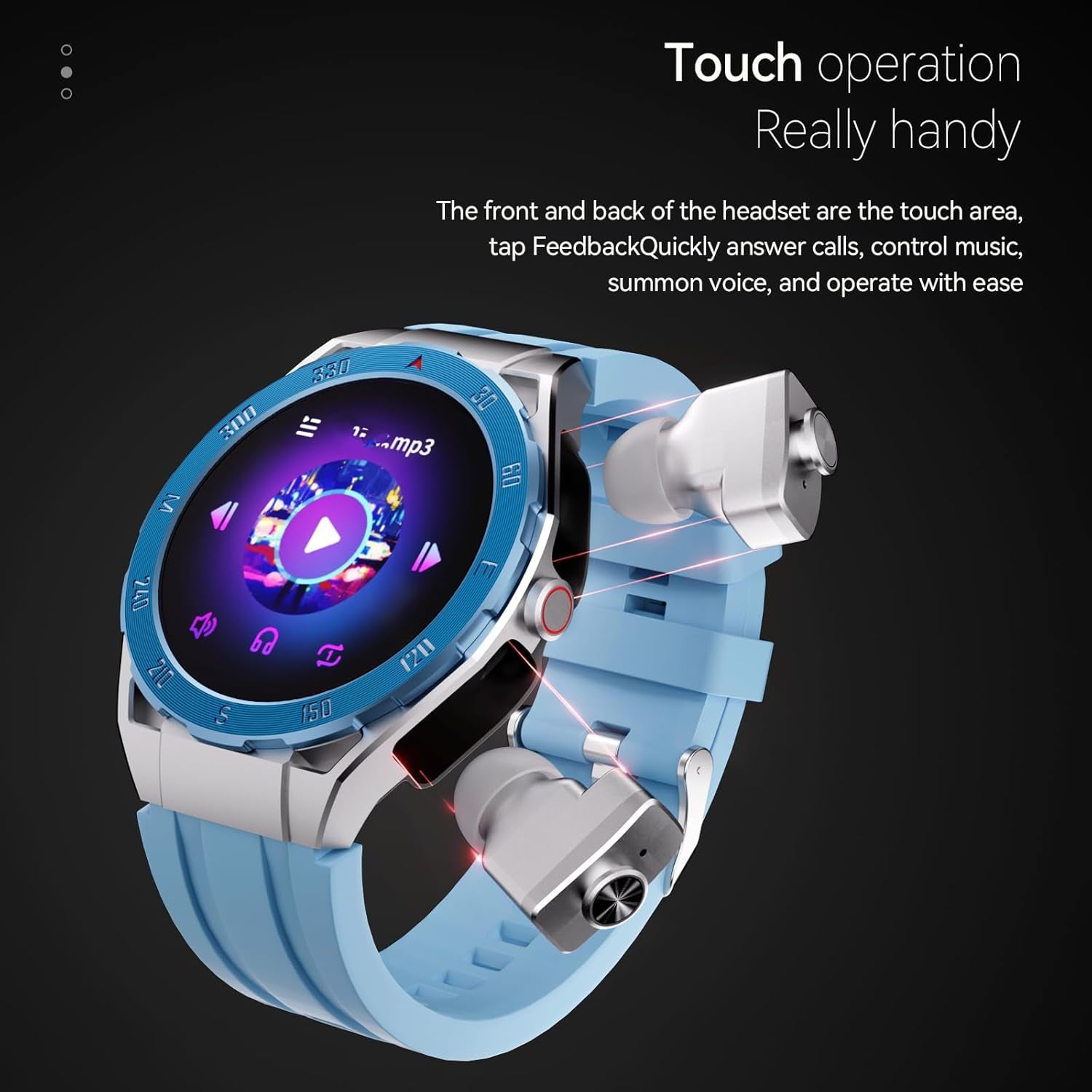 F33 Smart Watch with Earbuds 3 in 1 MP3 Bluetooth Headset 1.43 Inch Smartwatch Built-In Wireless Earbuds Speaker round Fitness Tracker Body Health Monitor 512MB Memory Local Music Player (Light Blue)