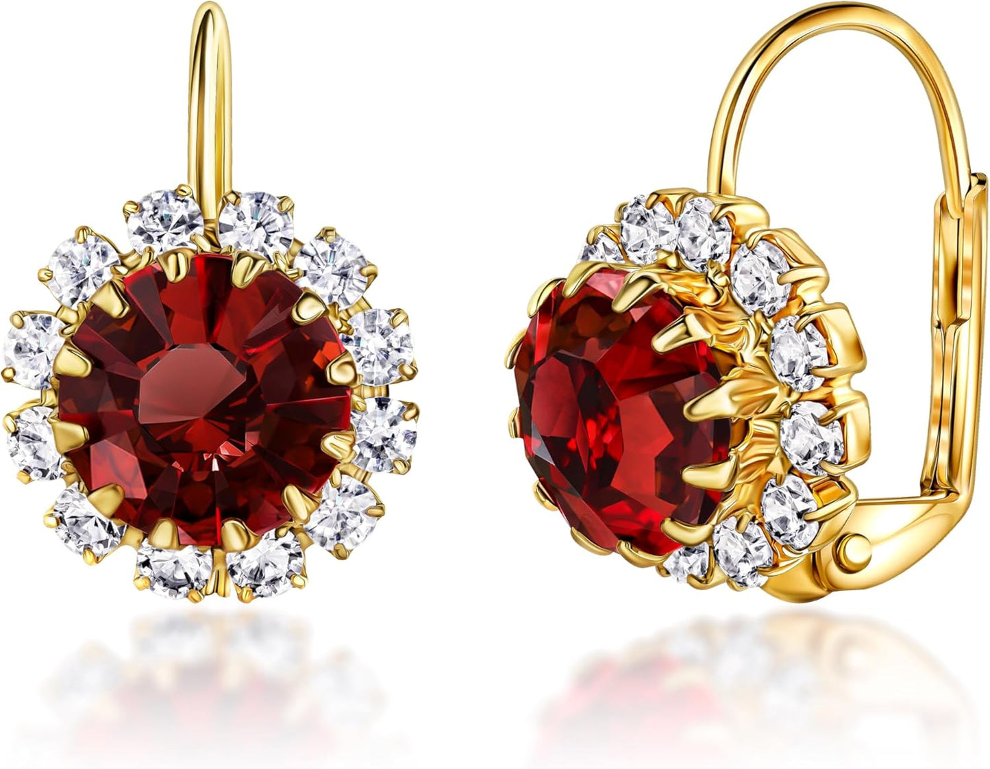 18K Gold Plated Crystal Flower Earrings for Women (Red)