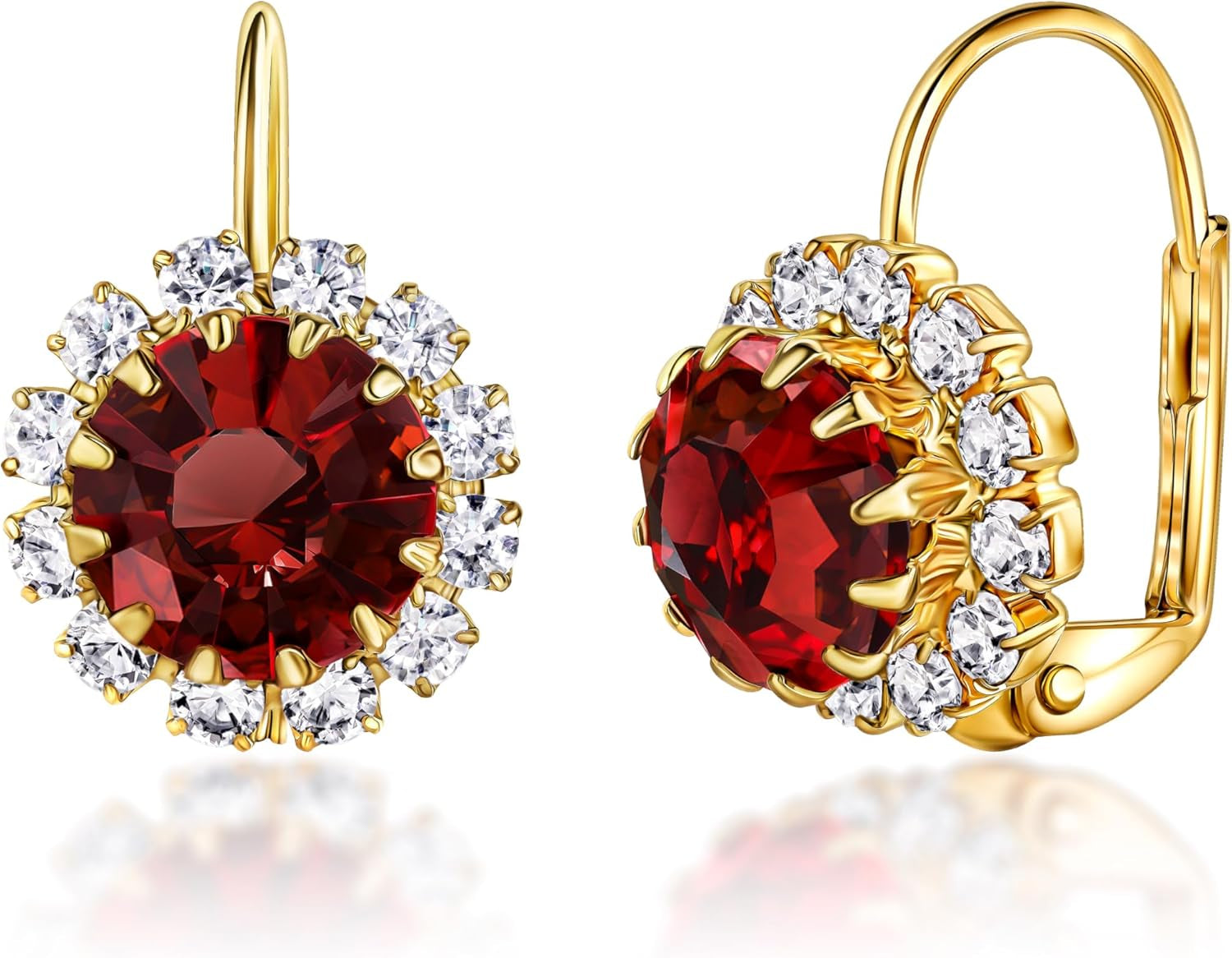 18K Gold Plated Crystal Flower Earrings for Women (Red)
