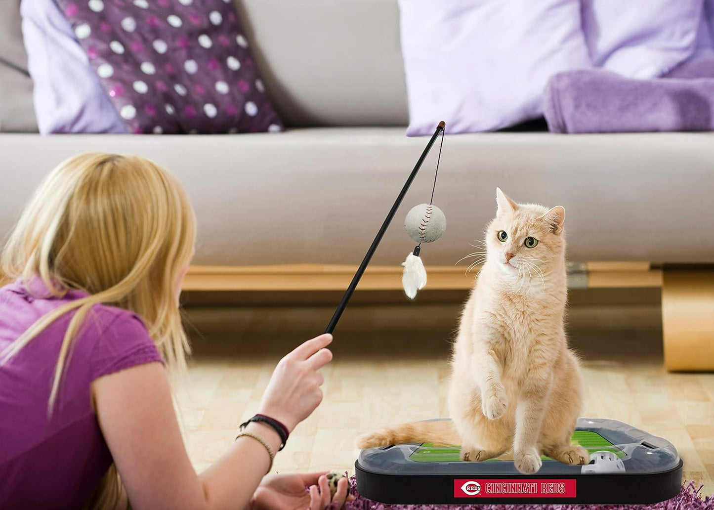 Cat Scratching Toy MLB Cincinnati Reds Baseball Field Cat Scratcher Toy with Interactive Cat Ball Bell in Tracks. 5-In-1 CAT Toy: Cat Wand Poll with Catnip Filled Plush Baseball & Feathers.