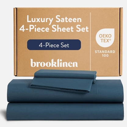 Luxury Sateen 4 Piece Sheet Set - 100% Cotton Bed Sheets, Soft & Durable Twin Sheets Set in Abyss Blue, Oeko-Tex Certified Bedding Set, 1 Fitted Sheet, 1 Flat Sheet, 2 Pillowcases