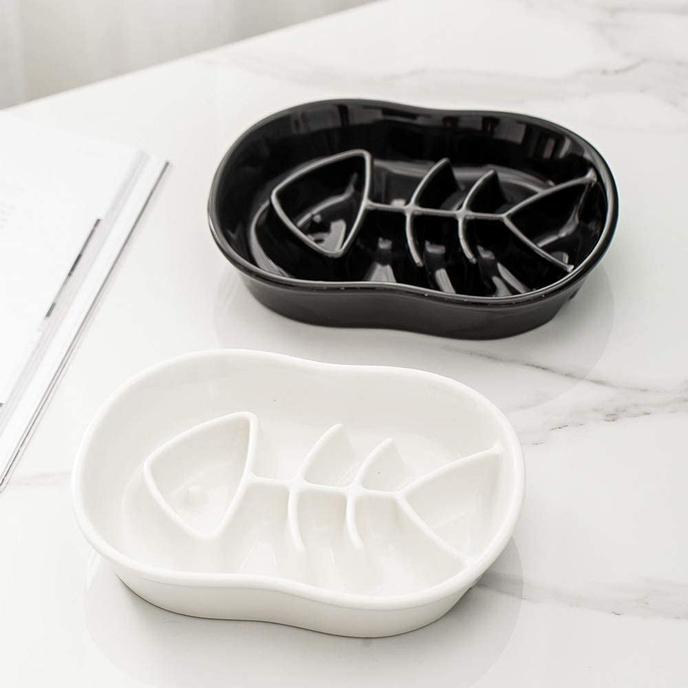 Ceramic Slow Feeder Cat Bowl - Fun Interactive Maze Cat Food Dish - Bloat Stop, anti Gulping, Healthy Eating - Black