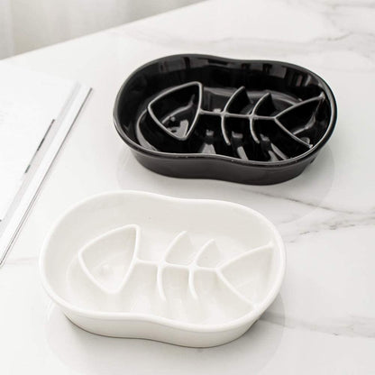 Ceramic Slow Feeder Cat Bowl - Fun Interactive Maze Cat Food Dish - Bloat Stop, anti Gulping, Healthy Eating - Black
