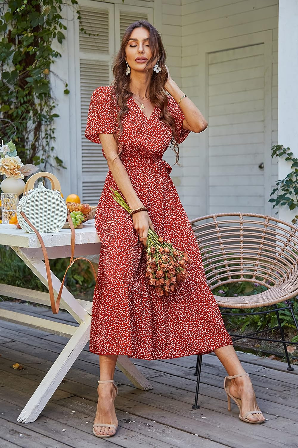 Women'S Summer Floral Boho Maxi Dress Wrap Short Sleeve V Neck Ruffle A-Line Flowy Wedding Guest Long Dresses