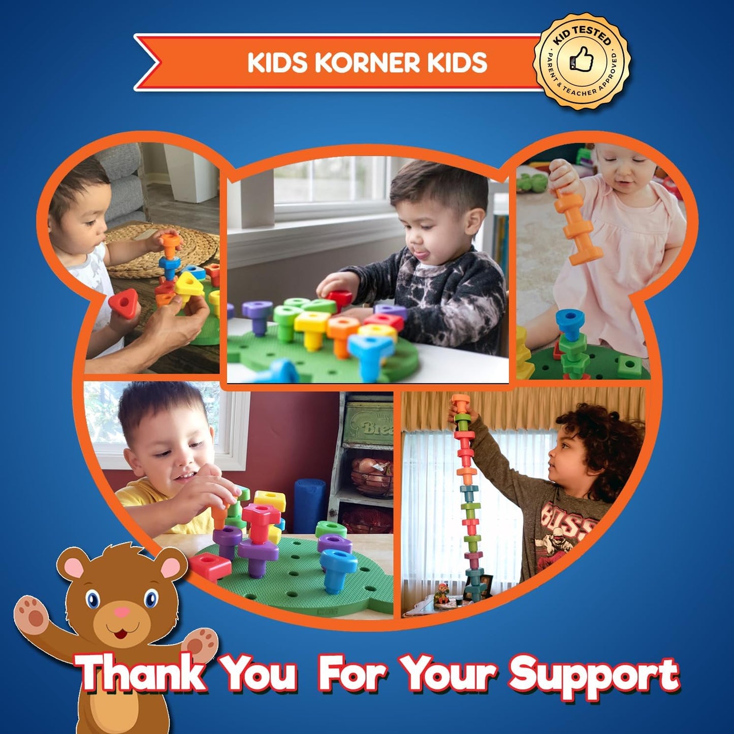 Jumbo Stacking Shapes Pegboard Set for Kids with 18 Pegs, 2 Wooden Dice, Lacing String & Storage Box (Standard Rainbow Colors)