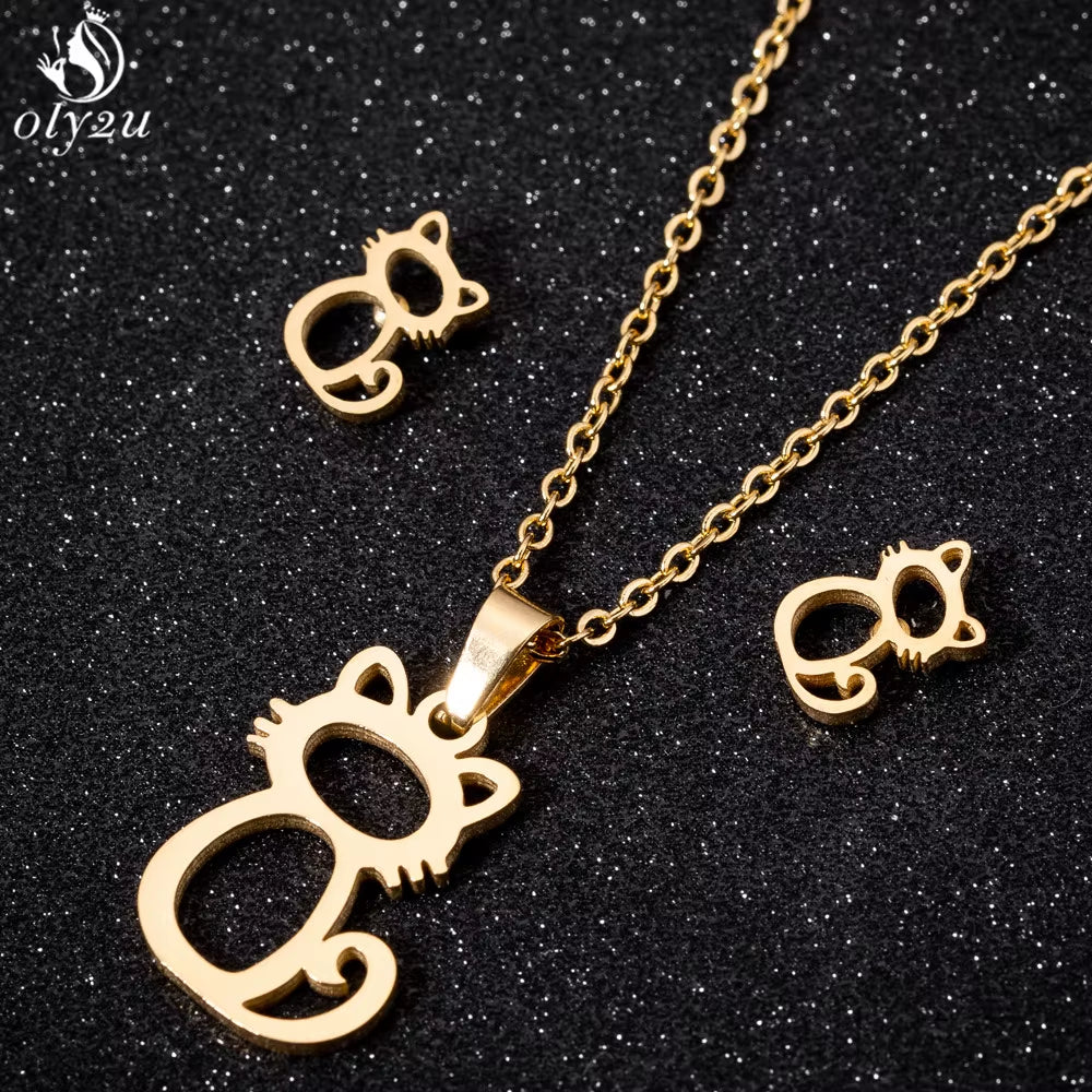 Bijoux Animal Stainless Steel Necklace Set Cartoon Cat Paw Rabbit Butterfly Dog Necklaces Pendants Statement Jewelry Wholesale