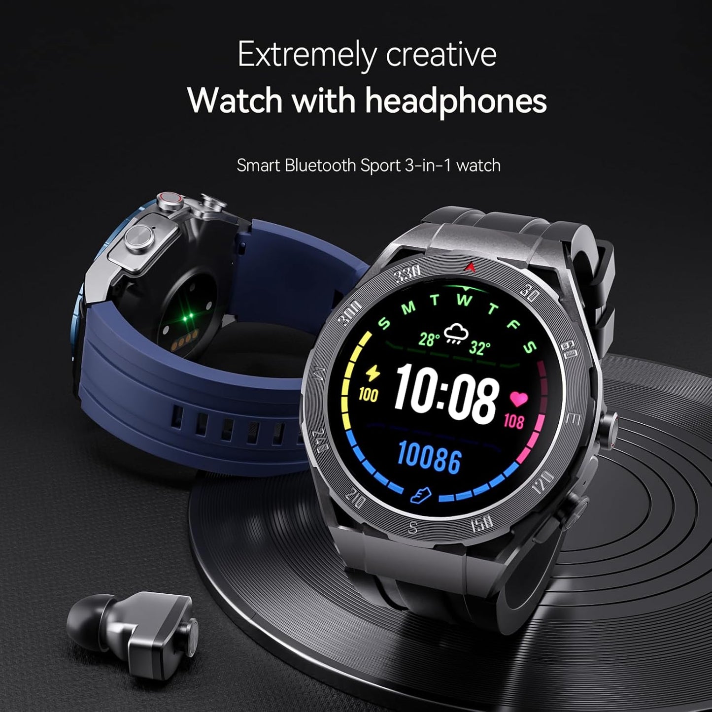 F33 Smart Watch with Earbuds 3 in 1 MP3 Bluetooth Headset 1.43 Inch Smartwatch Built-In Wireless Earbuds Speaker round Fitness Tracker Body Health Monitor 512MB Memory Local Music Player (Light Blue)