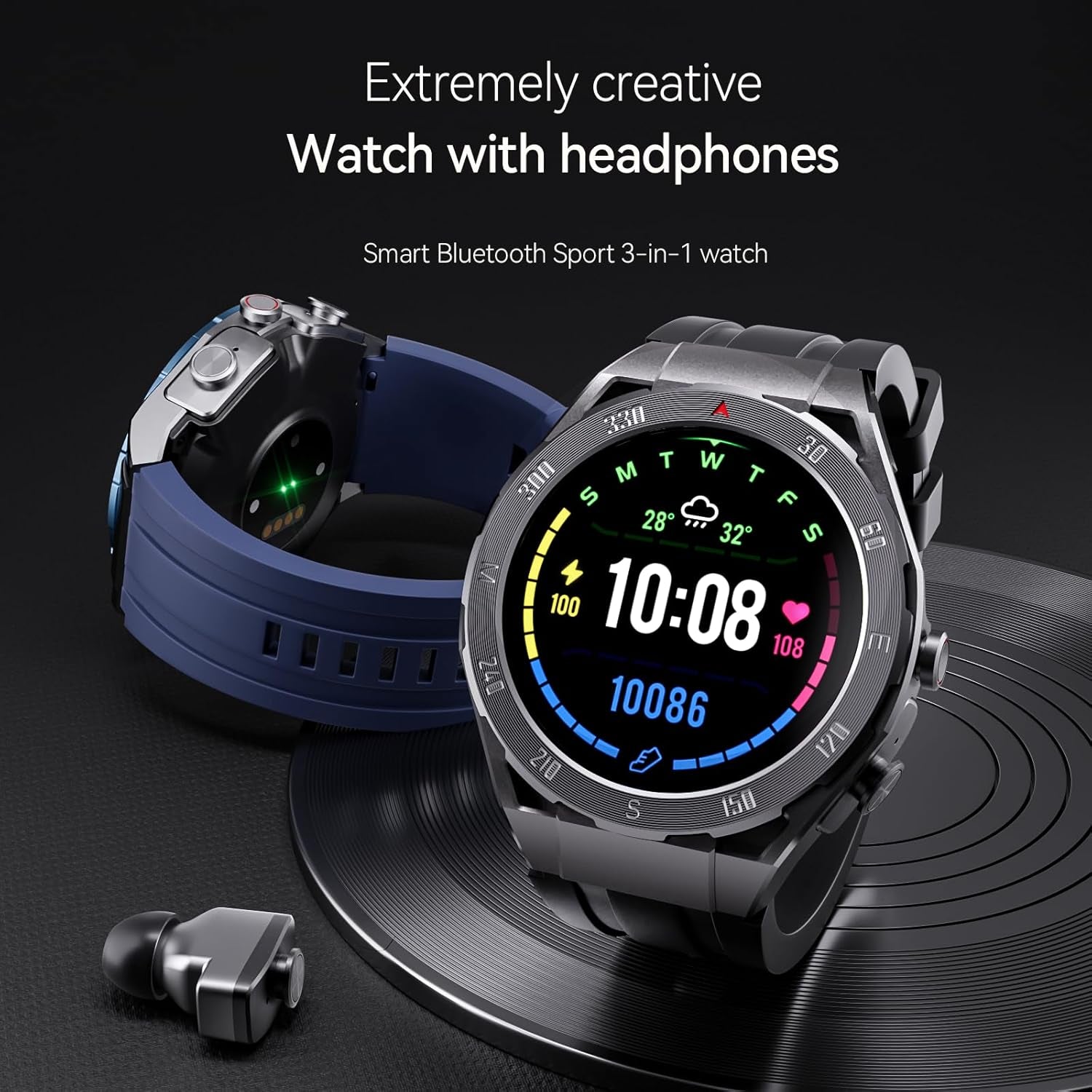 F33 Smart Watch with Earbuds 3 in 1 MP3 Bluetooth Headset 1.43 Inch Smartwatch Built-In Wireless Earbuds Speaker round Fitness Tracker Body Health Monitor 512MB Memory Local Music Player (Light Blue)