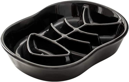 Ceramic Slow Feeder Cat Bowl - Fun Interactive Maze Cat Food Dish - Bloat Stop, anti Gulping, Healthy Eating - Black