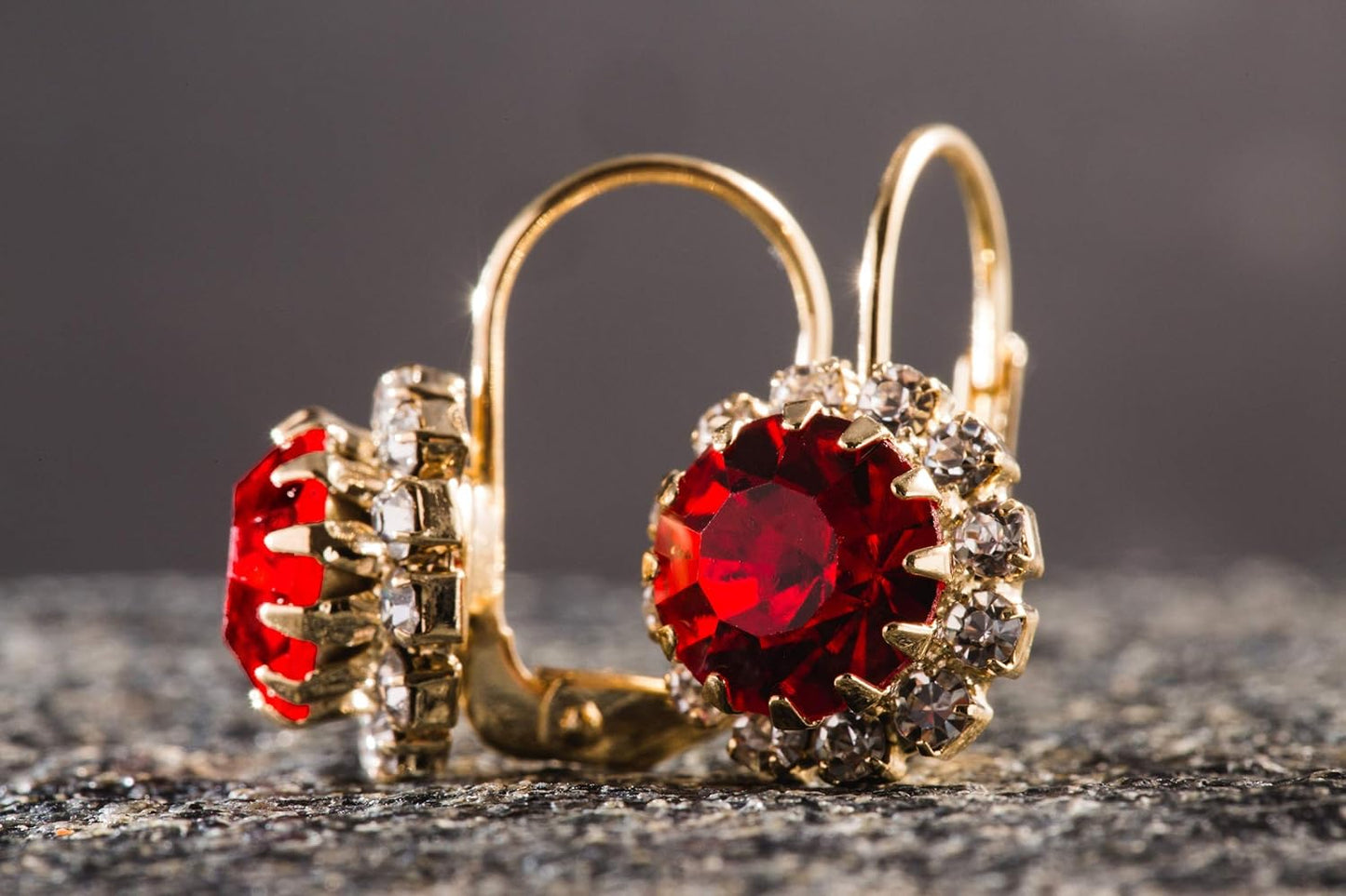 18K Gold Plated Crystal Flower Earrings for Women (Red)