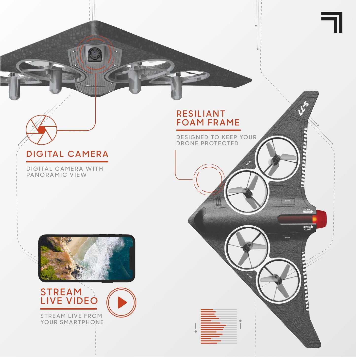 ® Stealth Recon Video Drone with Live Streaming Camera, Black