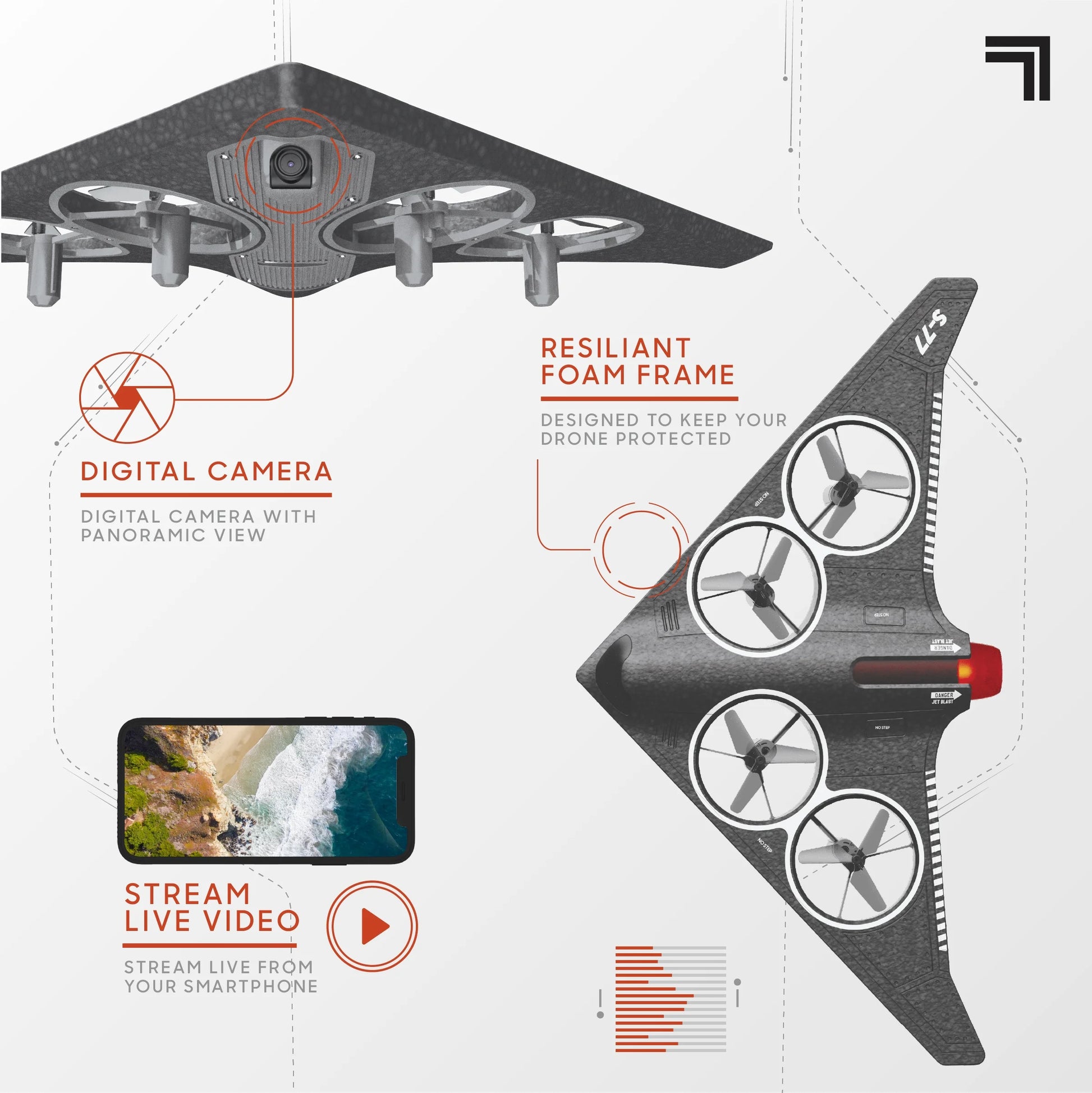 ® Stealth Recon Video Drone with Live Streaming Camera, Black