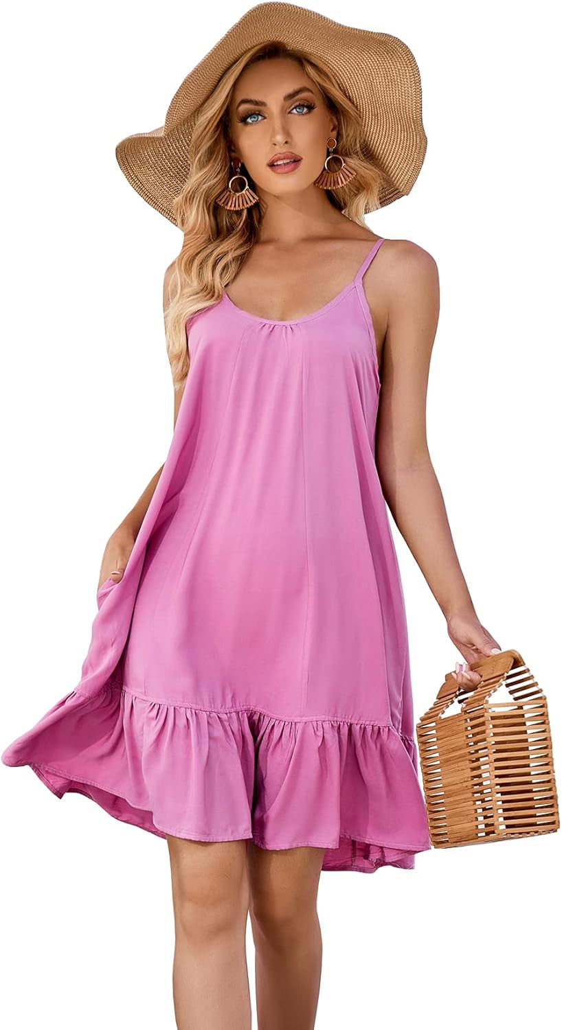 Women'S Spaghetti Strap Mini Dress V Neck Boho Floral Printed Casual Summer Beach Short Sundress with Pockets