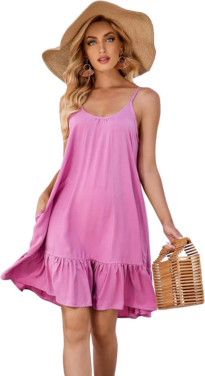 Women'S Spaghetti Strap Mini Dress V Neck Boho Floral Printed Casual Summer Beach Short Sundress with Pockets