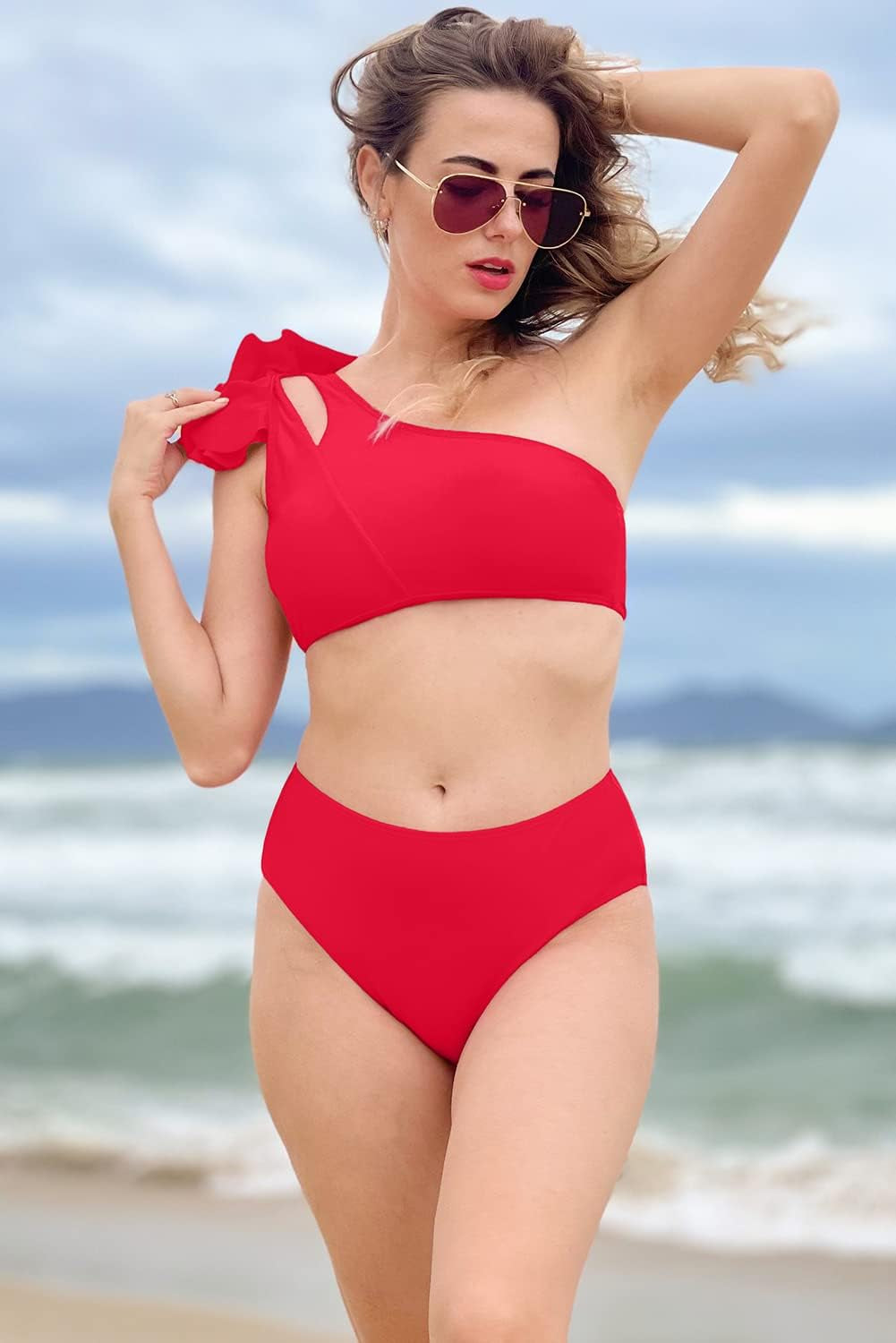 Womens Bikini One Shoulder Top with High Waisted Bottom Two Piece Swimsuits