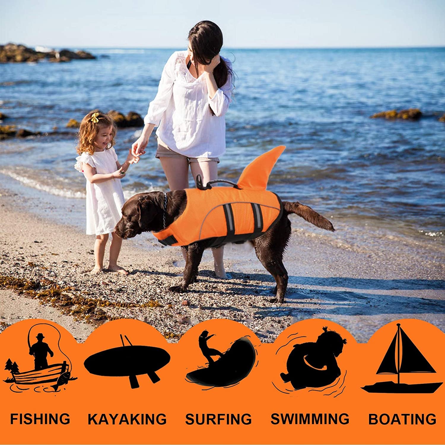Dog Life Jackets for Extra Large Dogs, Dog Life Vest for Boating Swimming Kayaking, Shark Fin Dog Lifejackets Floatation Vest for Pool Lake, Reflective Dog Water Vest for Golden Retriever, Orange, XXL