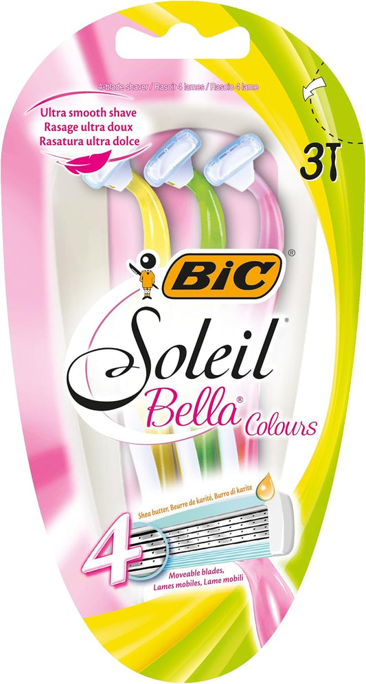 Soleil Bella Colours 4-Blade Lady Razors - Pack of 3 - Spring Mounted Blades with Pivoting Head for Ultra Smooth Shave