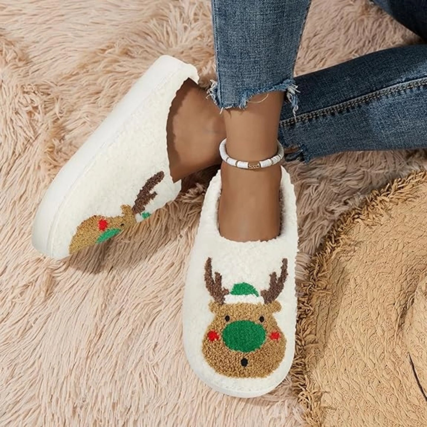 Christmas Reindeer Slippers for Womens Mens Plush Warm Santa Claus Slippers Fuzzy House Slippers Christmas Gifts for Girls Women Girlfriend