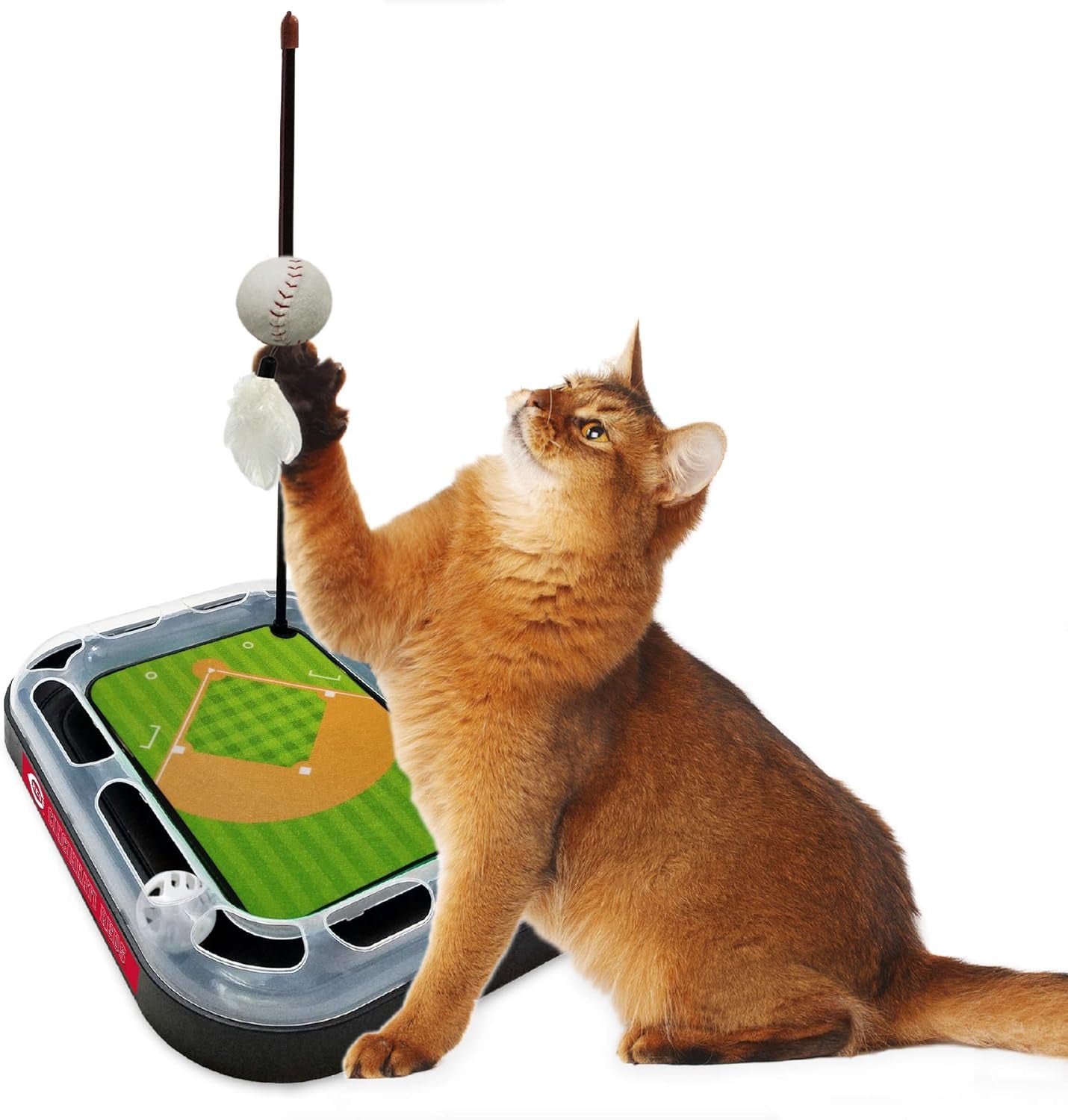 Cat Scratching Toy MLB Cincinnati Reds Baseball Field Cat Scratcher Toy with Interactive Cat Ball Bell in Tracks. 5-In-1 CAT Toy: Cat Wand Poll with Catnip Filled Plush Baseball & Feathers.