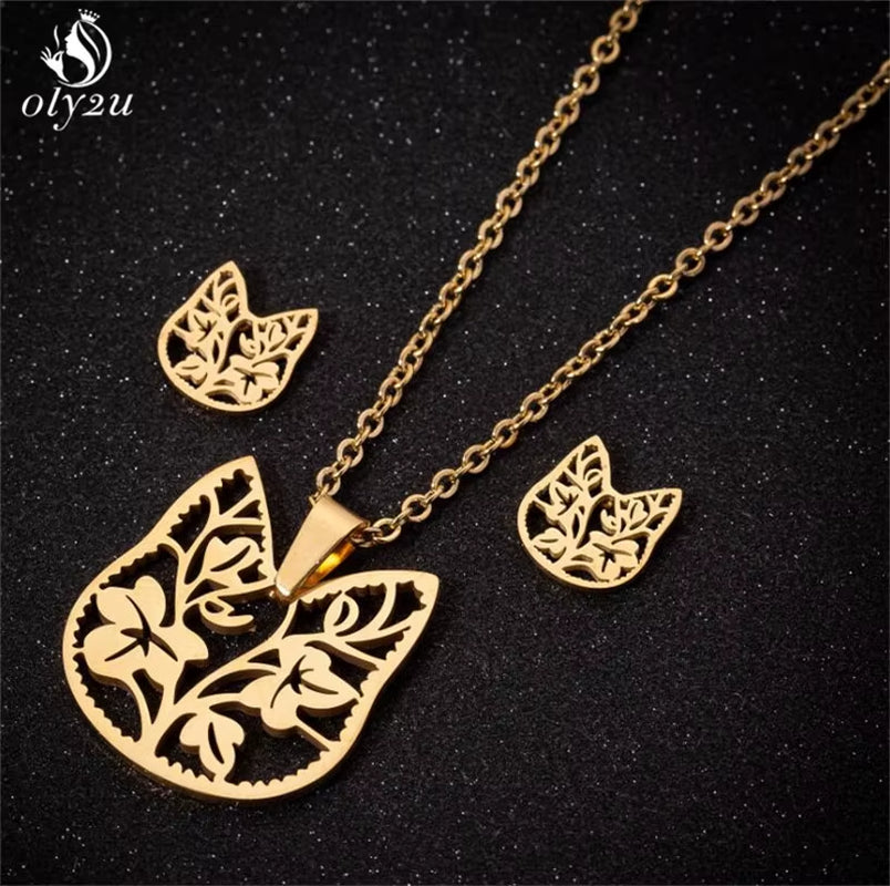 Bijoux Animal Stainless Steel Necklace Set Cartoon Cat Paw Rabbit Butterfly Dog Necklaces Pendants Statement Jewelry Wholesale