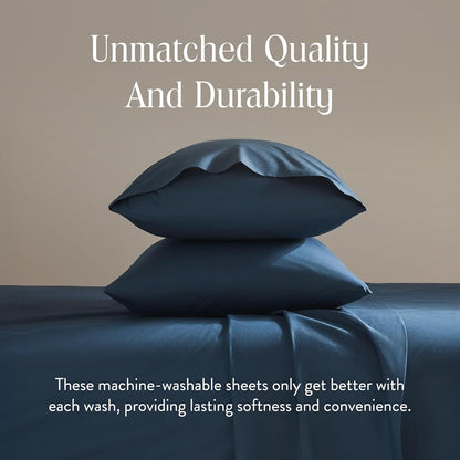 Luxury Sateen 4 Piece Sheet Set - 100% Cotton Bed Sheets, Soft & Durable Twin Sheets Set in Abyss Blue, Oeko-Tex Certified Bedding Set, 1 Fitted Sheet, 1 Flat Sheet, 2 Pillowcases