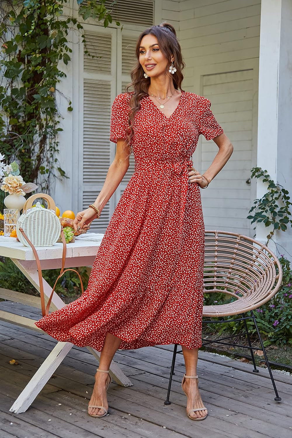 Women'S Summer Floral Boho Maxi Dress Wrap Short Sleeve V Neck Ruffle A-Line Flowy Wedding Guest Long Dresses