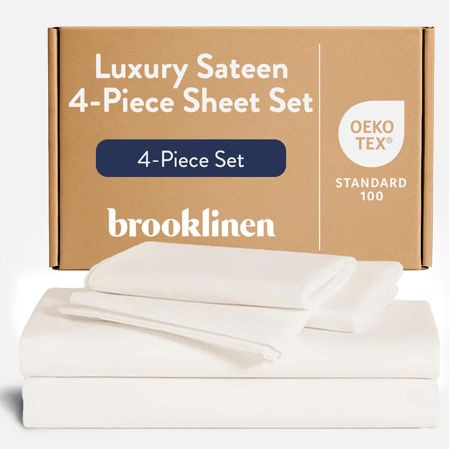 Luxury Sateen 4 Piece Sheet Set - 100% Cotton Bed Sheets, Soft & Durable California King Size Sheets Set in Cream, Oeko-Tex Certified Bedding Set,1 Fitted Sheet,1 Flat Sheet,2 Pillowcases