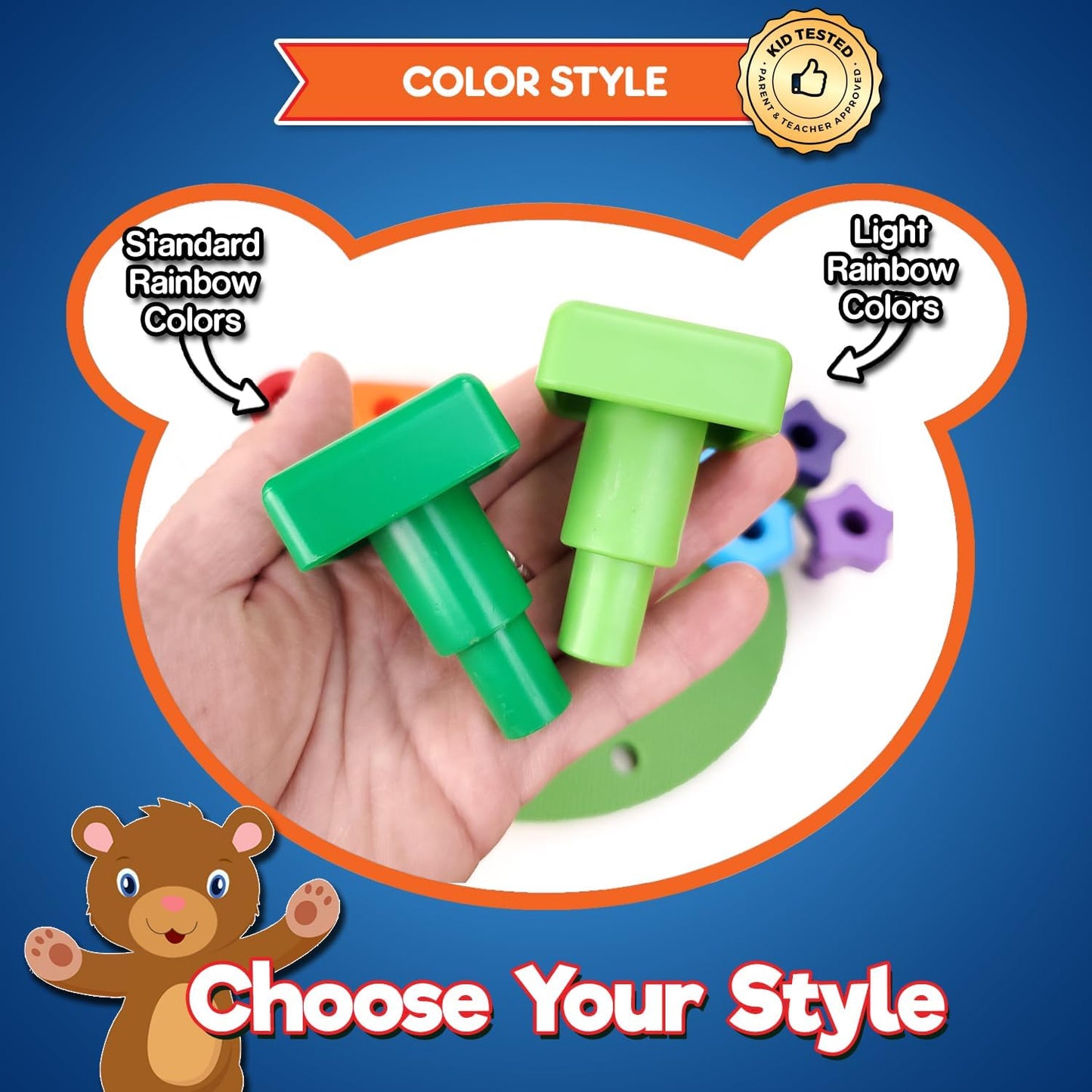 Jumbo Stacking Shapes Pegboard Set for Kids with 18 Pegs, 2 Wooden Dice, Lacing String & Storage Box (Standard Rainbow Colors)