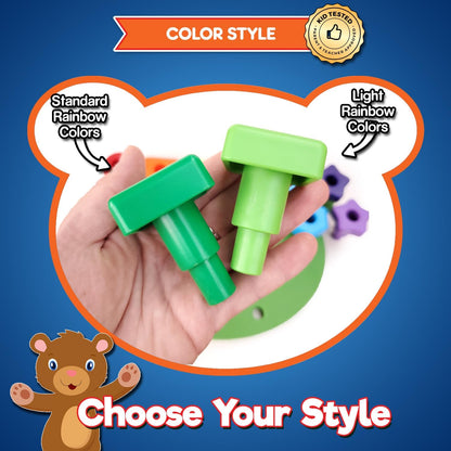 Jumbo Stacking Shapes Pegboard Set for Kids with 18 Pegs, 2 Wooden Dice, Lacing String & Storage Box (Standard Rainbow Colors)