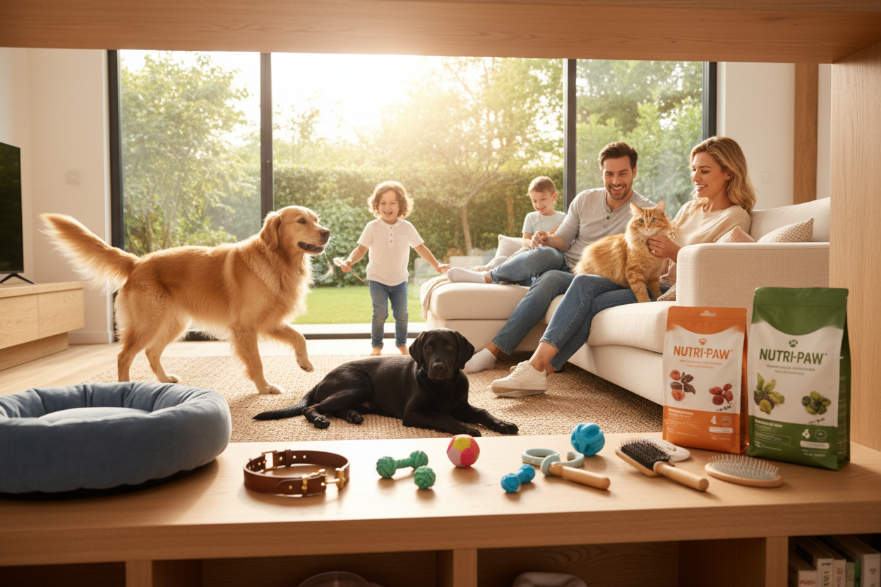A warm, vibrant, and modern scene showcasing happy pets and loving pet owners in a bright, welcoming environment. The image features playful dogs and curious cats with shiny coats, expressive eyes, and joyful body language. Soft natural lighting fills a clean, contemporary home setting, creating a feeling of comfort, trust, and care.

In the foreground, premium pet products are neatly displayed — stylish collars, chew toys, grooming tools, cozy pet beds, and nutritious pet food — representing quality and re
