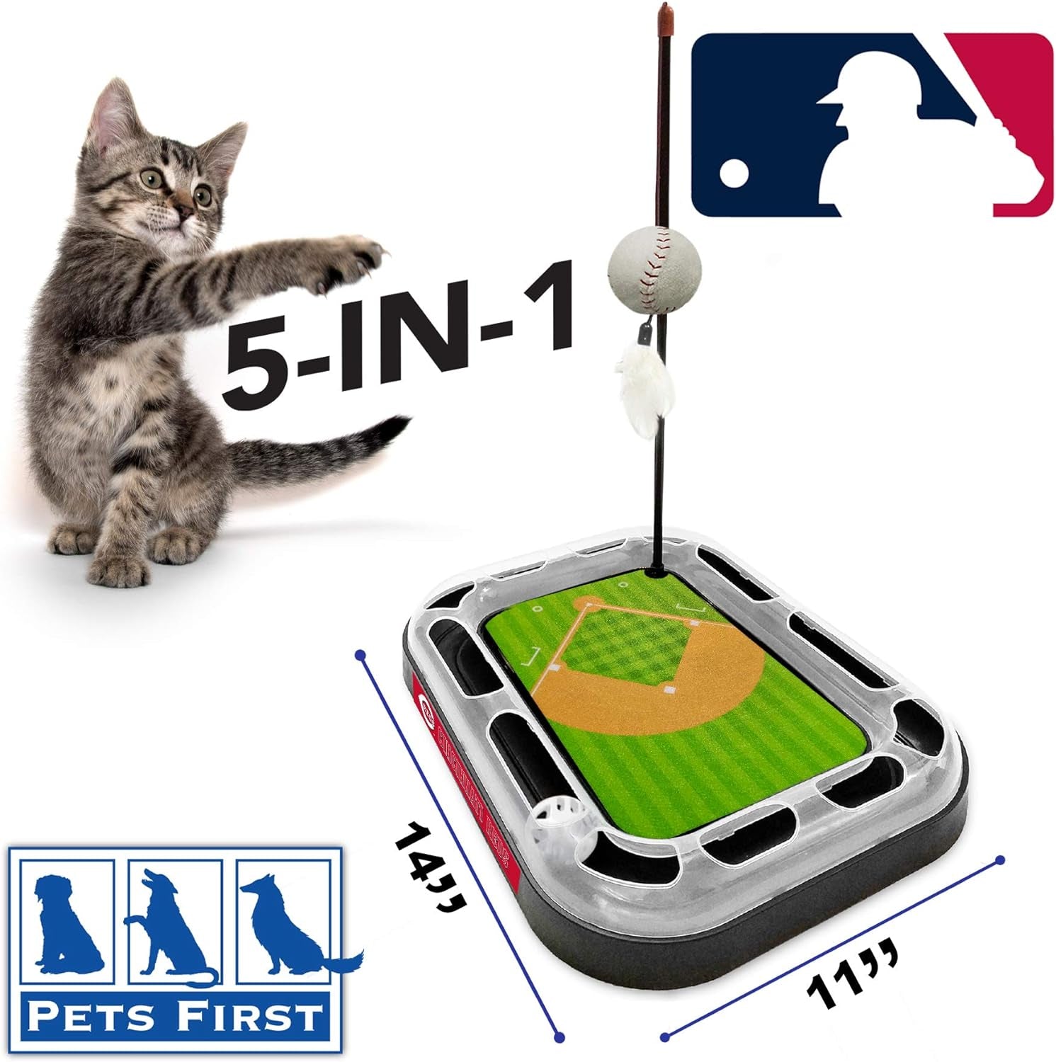 Cat Scratching Toy MLB Cincinnati Reds Baseball Field Cat Scratcher Toy with Interactive Cat Ball Bell in Tracks. 5-In-1 CAT Toy: Cat Wand Poll with Catnip Filled Plush Baseball & Feathers.