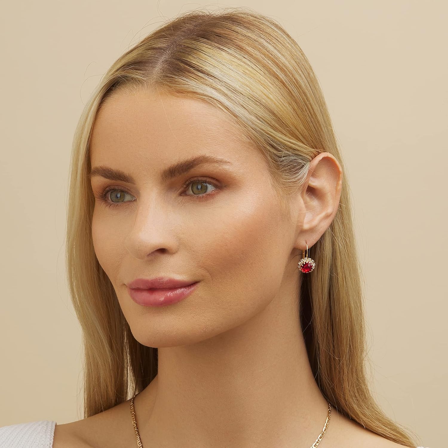 18K Gold Plated Crystal Flower Earrings for Women (Red)