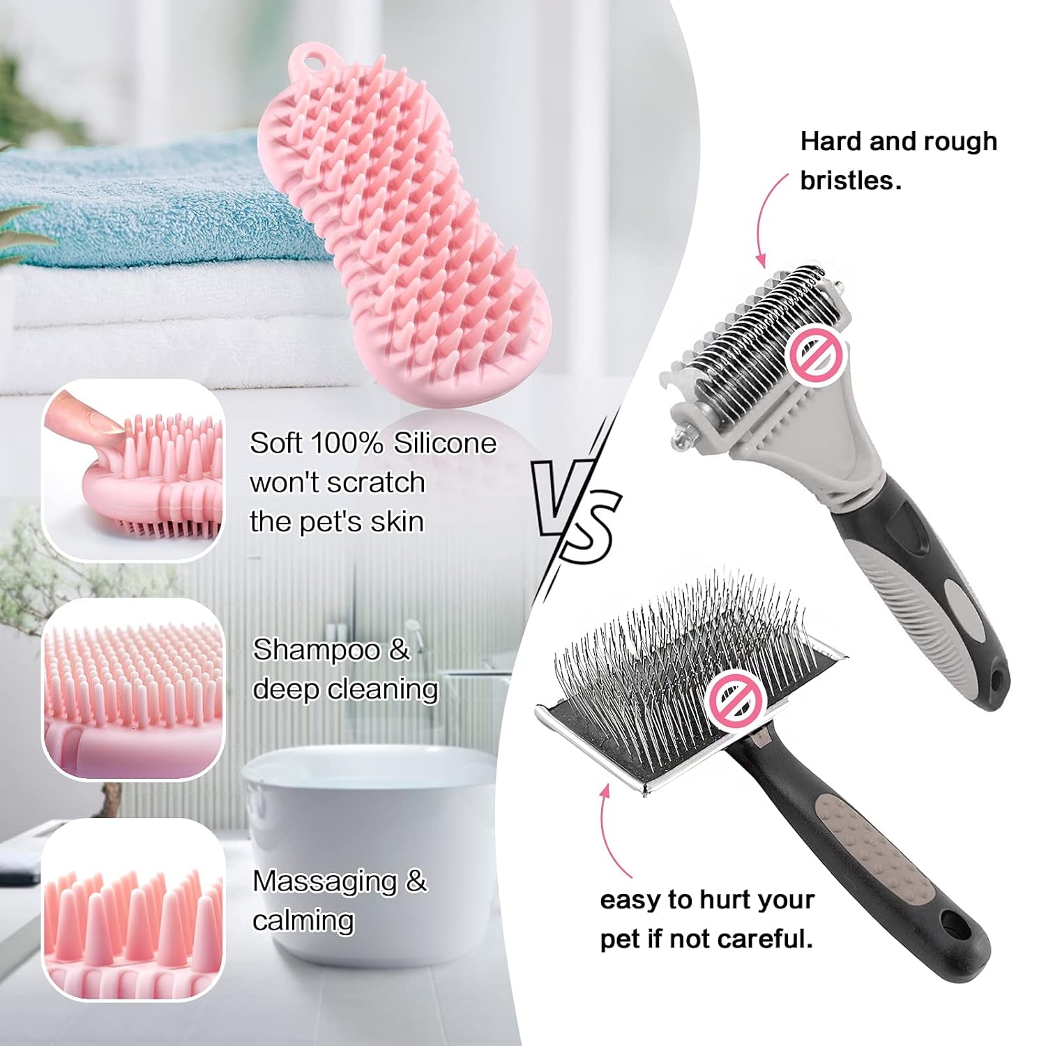 Pet Grooming Shampoo Brush, 2021 Newest Silicone Bath Brush Soothing Massage Bristles for Dogs and Cats with Long Short Hair Washing, Gently Removes Loose & Shed Fur (5 Inch, Pink)