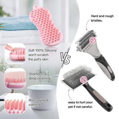 Pet Grooming Shampoo Brush, 2021 Newest Silicone Bath Brush Soothing Massage Bristles for Dogs and Cats with Long Short Hair Washing, Gently Removes Loose & Shed Fur (5 Inch, Pink)