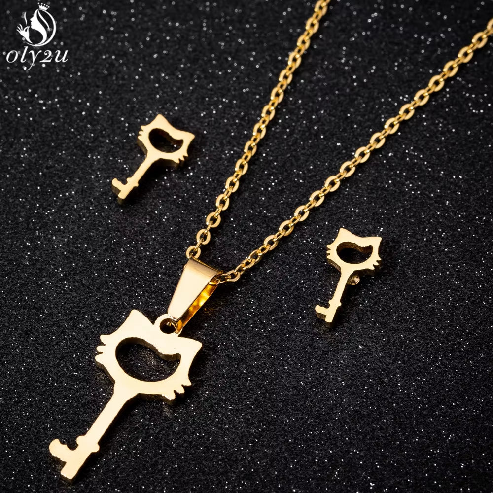 Bijoux Animal Stainless Steel Necklace Set Cartoon Cat Paw Rabbit Butterfly Dog Necklaces Pendants Statement Jewelry Wholesale