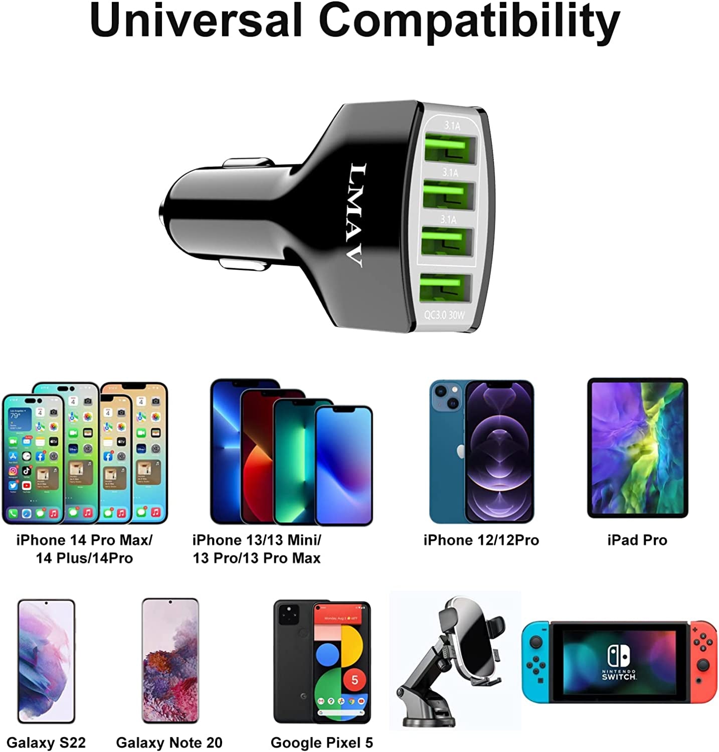 USB Car Charger Adapter, 4-Port QC 3.0 Car Charger Fast Charging for All Smartphone and Other USB Devices.