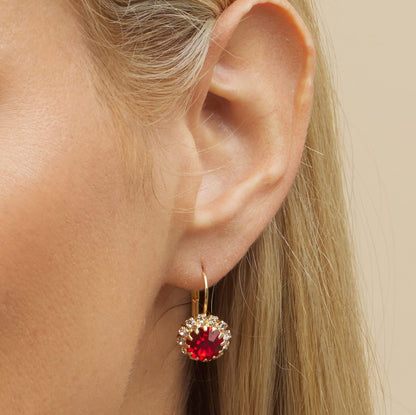 18K Gold Plated Crystal Flower Earrings for Women (Red)