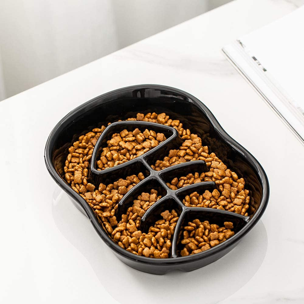 Ceramic Slow Feeder Cat Bowl - Fun Interactive Maze Cat Food Dish - Bloat Stop, anti Gulping, Healthy Eating - Black
