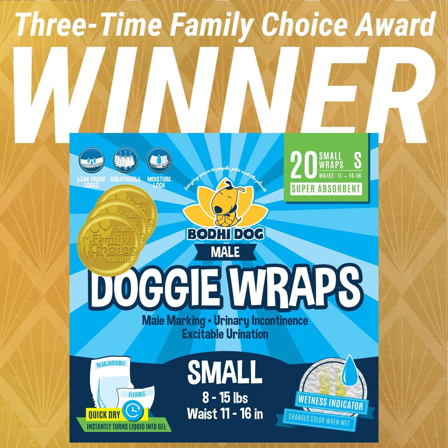 Disposable Male Dog Diapers - Super Absorbent, Leak-Proof Pee Wraps - Adjustable Fit, Comfortable Design, Advanced Moisture Control, and Wetness Indicator - Small (20 Count)