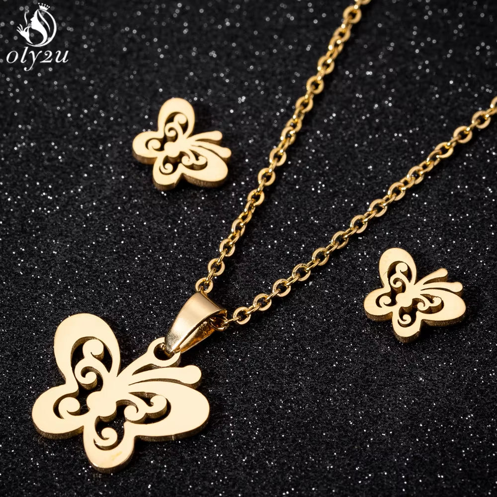 Bijoux Animal Stainless Steel Necklace Set Cartoon Cat Paw Rabbit Butterfly Dog Necklaces Pendants Statement Jewelry Wholesale