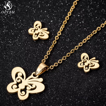 Bijoux Animal Stainless Steel Necklace Set Cartoon Cat Paw Rabbit Butterfly Dog Necklaces Pendants Statement Jewelry Wholesale