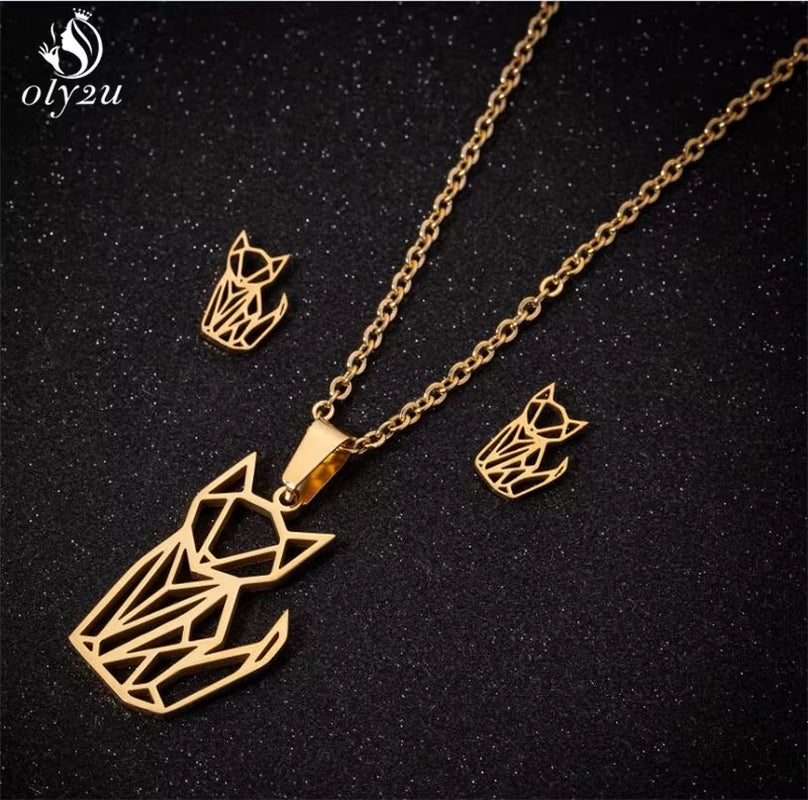 Bijoux Animal Stainless Steel Necklace Set Cartoon Cat Paw Rabbit Butterfly Dog Necklaces Pendants Statement Jewelry Wholesale