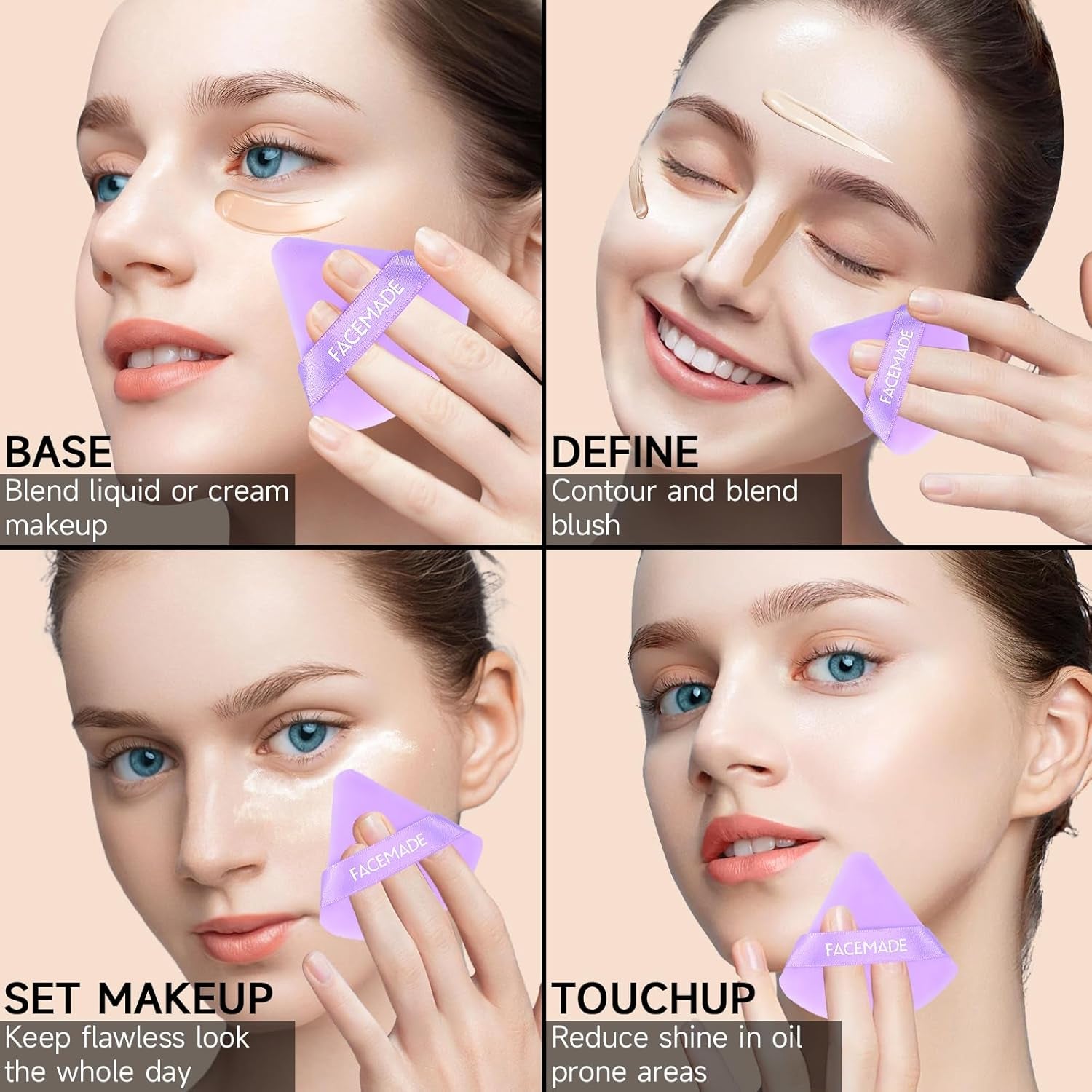 6 Pieces Soft Makeup Puff with a Container, Face Powder Puff with a Travel Case, Triangle Velour Makeup Sponge for Loose Powder Body Powder,Beauty Makeup Tools, Purple