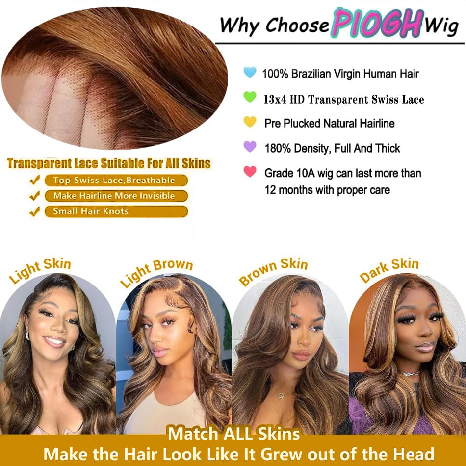 Highlight Ombre Lace Front Wig Human Hair Pre Plucked Body Wave 4/27 Colored Honey Blonde Wigs 13X4 HD Lace Frontal Wigs Human Hair 180 Density Glueless Wigs Human Hair for Women 22 Inch