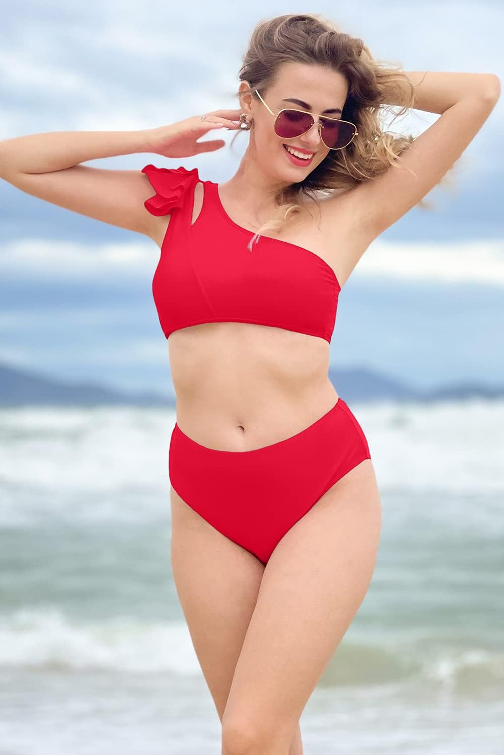 Womens Bikini One Shoulder Top with High Waisted Bottom Two Piece Swimsuits