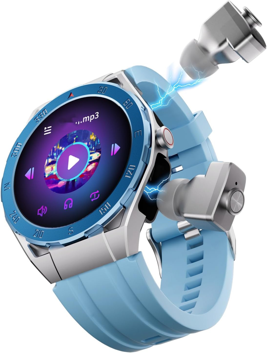 F33 Smart Watch with Earbuds 3 in 1 MP3 Bluetooth Headset 1.43 Inch Smartwatch Built-In Wireless Earbuds Speaker round Fitness Tracker Body Health Monitor 512MB Memory Local Music Player (Light Blue)